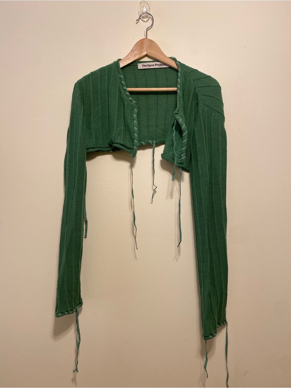 TheOpen Product Green Cropped Tie-Front Ribbed Sweater. Size 2